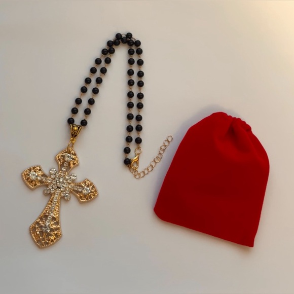 Gold Tone Gothic Statement Cross Charm Rosary Choker Necklace Choker Black Beads - Picture 11 of 12